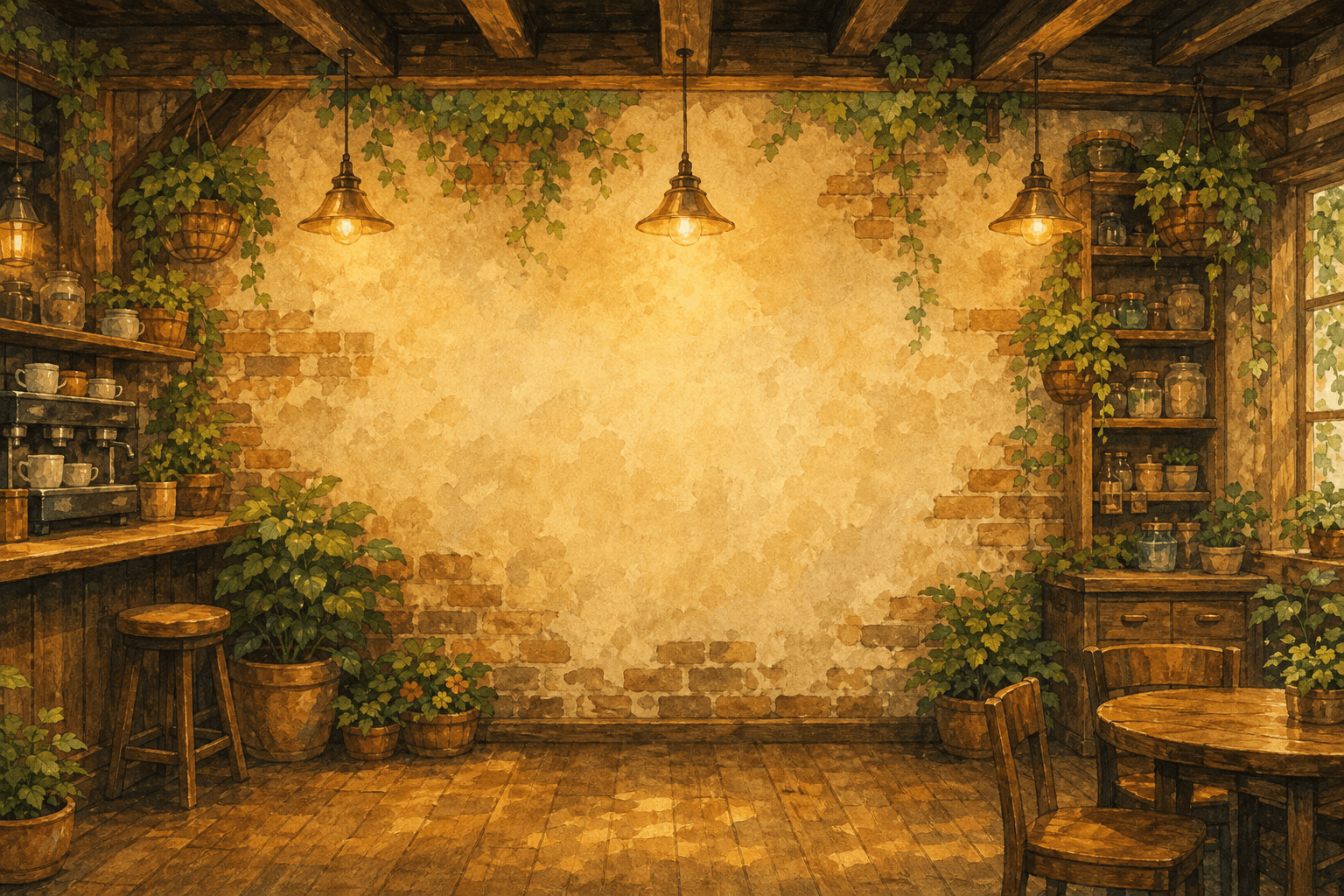 The warm interior of a cottage cafe with ivy, brick, and hanging lamps